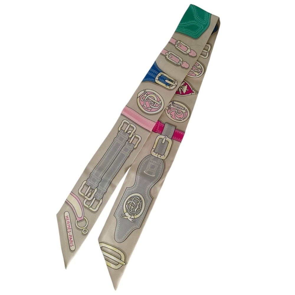 HERMES Harnais des Presidents Silk Twilly Scarf, Beige Multicolor, Women's